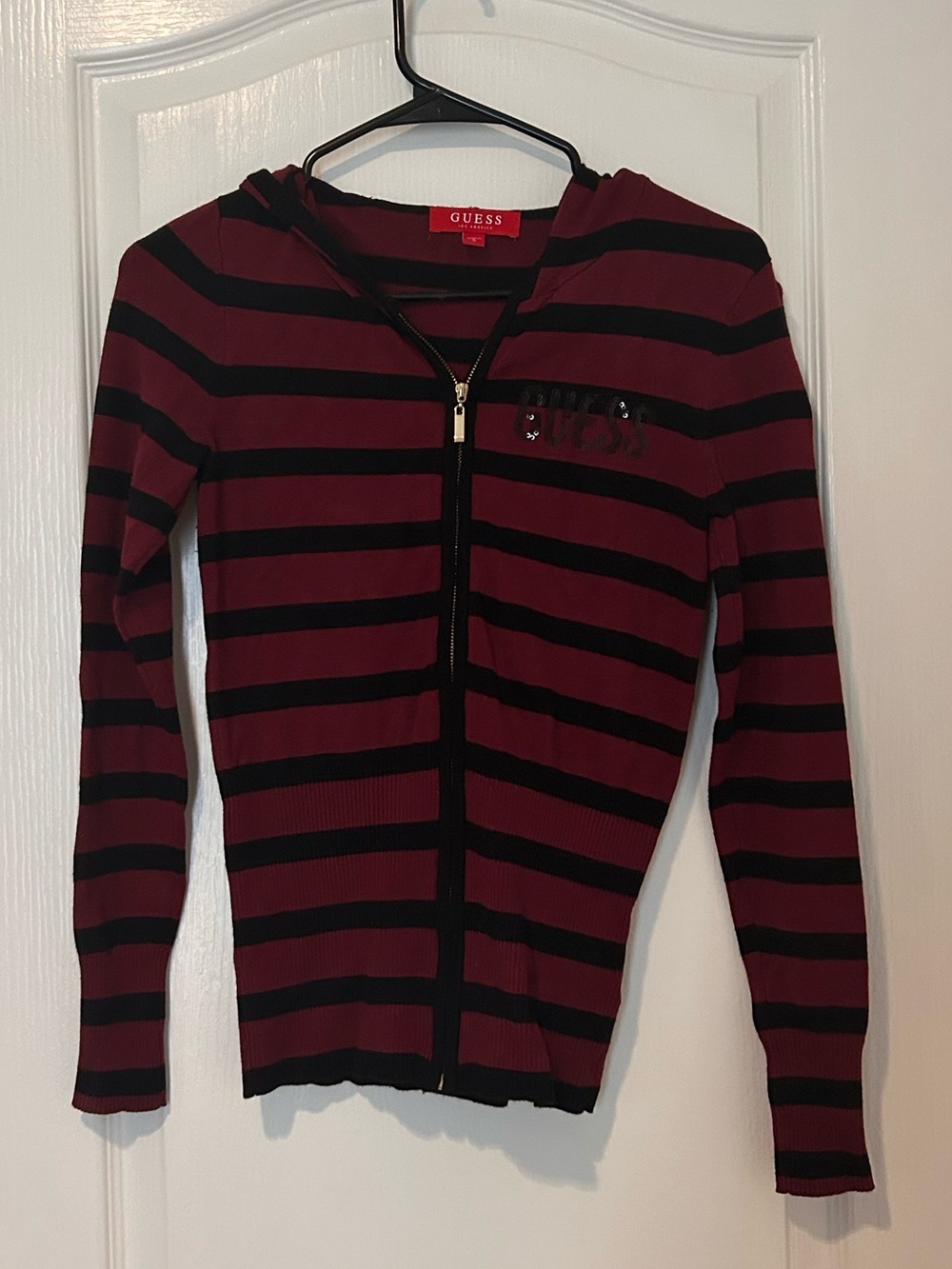 GUESS Women's Burgundy and Black Striped Zip-Up Hoodie Sweater